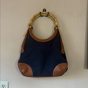 Brooks Brothers Bamboo Handle Navy Blue Canvas Brown Leather Trim Satchel